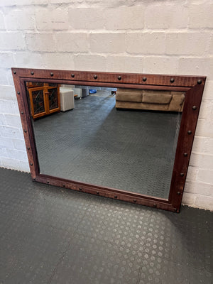 Large Wooden Mirror with Industrial Metal Studs — Fair Used Condition – main front view