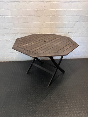 Hexagonal Slatted Wood Outdoor Table with Parasol Hole — Well Used with Faded Surface Finish – condition detail