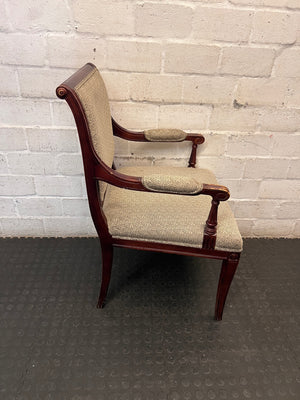 Vintage Wood Armchair with Speckled Upholstery — Visible Wear to Timber Frame – back view
