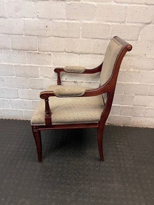 Vintage Wood Armchair with Speckled Upholstery — Visible Wear to Timber Frame – side view