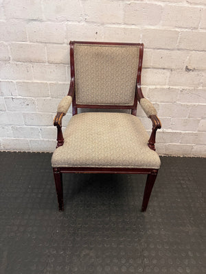 Vintage Wood Armchair with Speckled Upholstery — Visible Wear to Timber Frame – top view