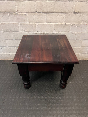 Square Dark Wood Side Table with Turned Legs — Good Working Order – back view