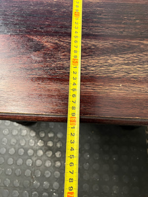 Square Dark Wood Side Table with Turned Legs — Good Working Order – depth measurement
