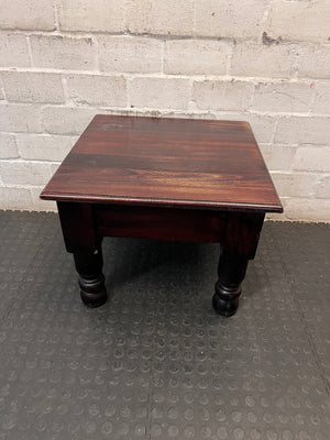 Square Dark Wood Side Table with Turned Legs — Good Working Order – main front view