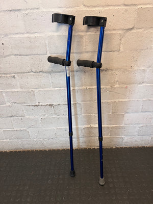 Blue Metallic Adjustable Forearm Crutch — Visible Wear and Scuffing – side view