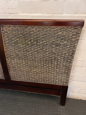 Dark Wood and Woven Wicker King Headboard — Good Working Order – back view