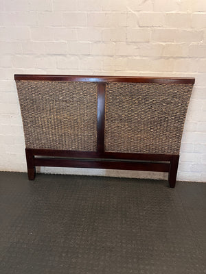 Dark Wood and Woven Wicker King Headboard — Good Working Order – main front view