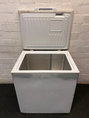 KIC White Chest Freezer — Good Working Order with Exterior Dents – side view