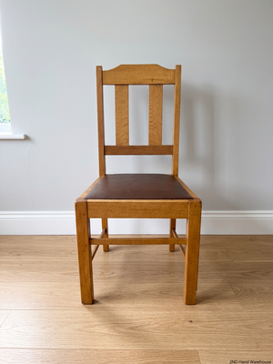 Classic Oak Dining Chair with Brown Inset Seat — Good Working Order – styled product image