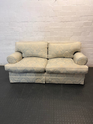 Sage and Gold Damask 2 Seater Couch — Good Secondhand Condition – main front view