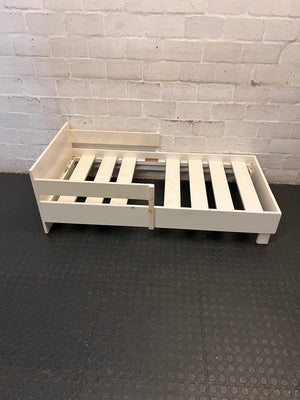 White Wooden Toddler Bed Frame with Slatted Base — Significant Wear and Missing Slats – back view