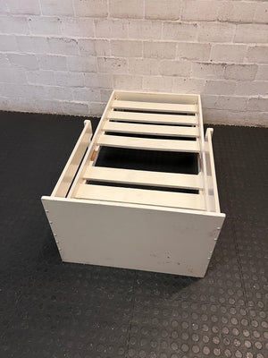 White Wooden Toddler Bed Frame with Slatted Base — Significant Wear and Missing Slats – condition detail