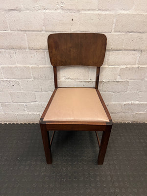Vintage Style Brown Timber Dining Chair with Tan Upholstery — Fair Condition with Visible Surface Wear – main front view