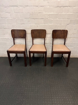Vintage Style Brown Timber Dining Chair with Tan Upholstery — Fair Condition with Visible Surface Wear – side view