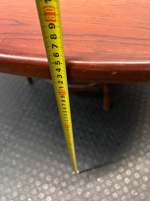 Round Wooden Dining Table with Rattan Style Base — Fair Condition with Visible Wear – height measurement