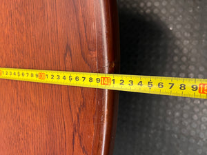 Round Wooden Dining Table with Rattan Style Base — Fair Condition with Visible Wear – width measurement