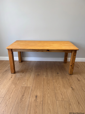 Solid Pine Dining Table in Oak Finish — Minor Green Mark on Table Top – styled product image