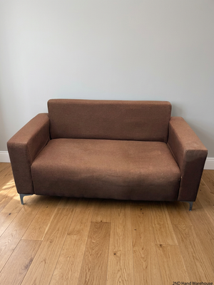 Brown Fabric 2 Seater Couch with Silver Legs — Well Used Condition – styled product image