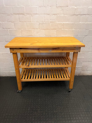 Oak-Coloured Wooden Workbench with Slatted Shelves — Fair Condition With General Wear – main front view
