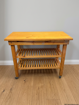 Oak-Coloured Wooden Workbench with Slatted Shelves — Fair Condition With General Wear – styled product image