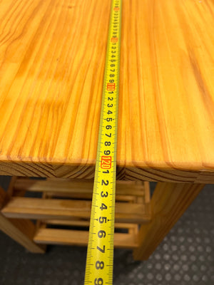 Oak-Coloured Wooden Workbench with Slatted Shelves — Fair Condition With General Wear – width measurement