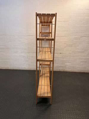 Wide Open-Frame Wooden Bookshelf with Metal Bracing — Fair Condition – back view