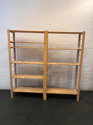 Wide Open-Frame Wooden Bookshelf with Metal Bracing — Fair Condition – condition detail