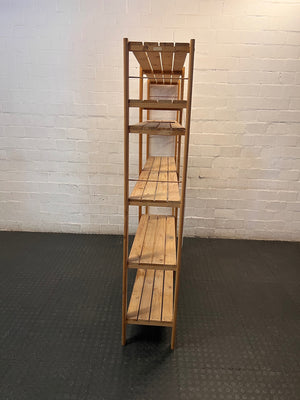 Wide Open-Frame Wooden Bookshelf with Metal Bracing — Fair Condition – side view