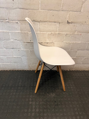 White Moulded Dining Chair with Wooden Legs — Good Working Order – back view