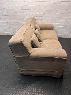 Coricraft Kirsty Slipcover 3 Seater Couch — Flat Stuffing and Soiled Upholstery – back view