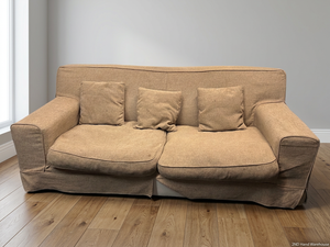 Coricraft Kirsty Slipcover 3 Seater Couch — Flat Stuffing and Soiled Upholstery – styled product image
