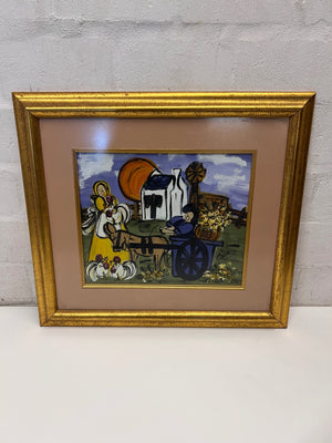 Framed Farm Scene Painting in Gold Frame — Good Condition – main front view