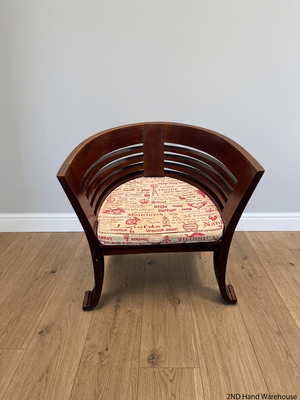 Dark Wood Bali Tub Chair with Scripted Cushion — Good Condition – styled product image