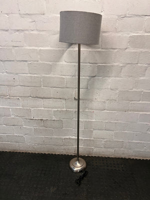 Modern Silver Standing Lamp with Grey Fabric Shade — Okay Condition – main front view