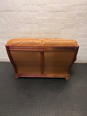 Tan Brown 2 Seater Couch with Carved Wooden Base — Good Condition – back view