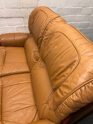Tan Brown 2 Seater Couch with Carved Wooden Base — Good Condition – condition detail