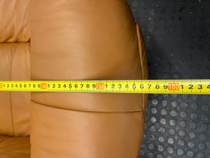 Tan Brown 2 Seater Couch with Carved Wooden Base — Good Condition – width measurement