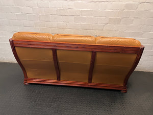 3 Seater Tan Brown Leather Couch with Wood Detail — Good Working Order – condition detail