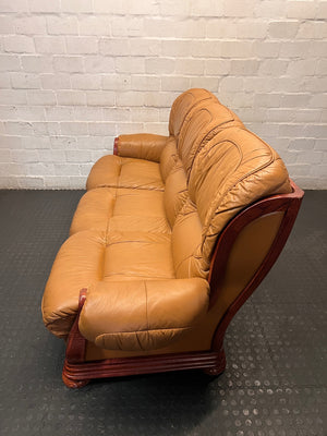 3 Seater Tan Brown Leather Couch with Wood Detail — Good Working Order – side view