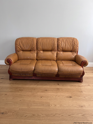 3 Seater Tan Brown Leather Couch with Wood Detail — Good Working Order – styled product image