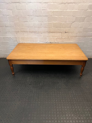 Large Honey-Toned Wooden Coffee Table with Turned Legs – top view