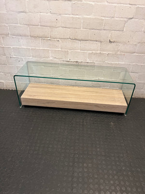 Bent Glass Coffee Table with Natural Oak-Style Base – main front view
