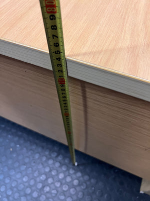 Oak-Look L-Shaped Corner Office Desk — Damaged Corner Desk in Fair Condition – height measurement