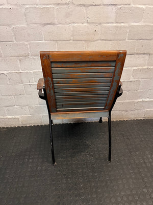 Slatted Wooden Outdoor Chair with Metal Frame — Fair Condition with Included Cushions – back view