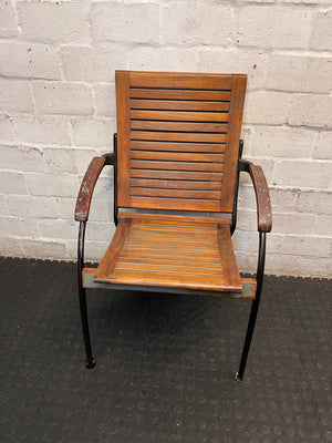 Slatted Wooden Outdoor Chair with Metal Frame — Fair Condition with Included Cushions – main front view