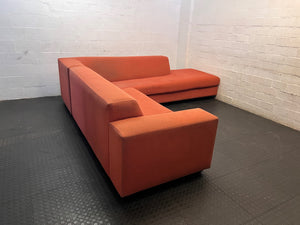 Large Coral Fabric L-Shape Sectional Couch — Visible Wear and Marks – back view