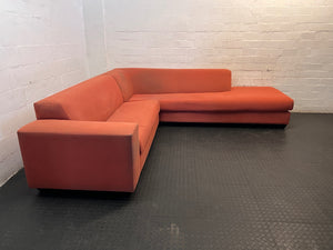 Large Coral Fabric L-Shape Sectional Couch — Visible Wear and Marks – side view