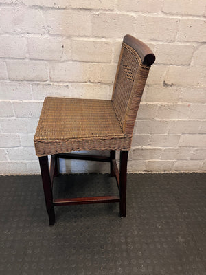 Woven Rattan and Dark Wood Bar Stool — Fair Used Condition With Cushions Included – condition detail