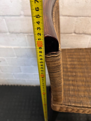 Woven Rattan and Dark Wood Bar Stool — Fair Used Condition With Cushions Included – height measurement