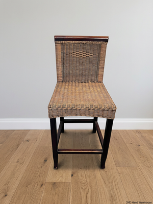 Woven Rattan and Dark Wood Bar Stool — Fair Used Condition With Cushions Included – styled product image